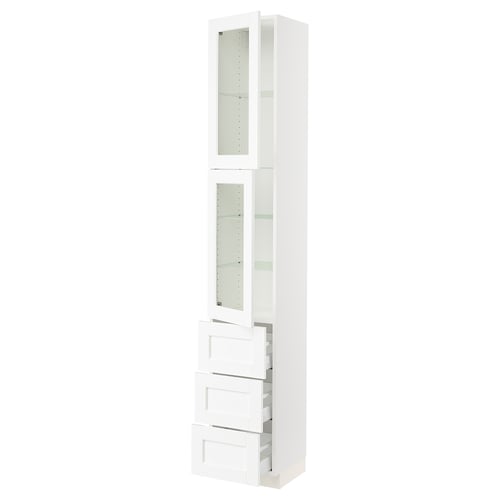 The SEKTION kitchen unit a slim, tall design in white with mirrored glass doors and multiple drawers, offering both storage and display space.