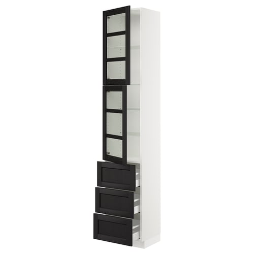 SEKTION kitchen unit with black glass doors, white frame. Sleek, modern design.