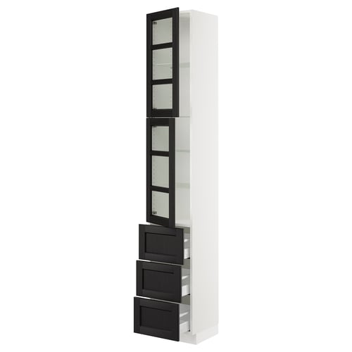 A white SEKTION kitchen unit with black stained glass doors and drawers, featuring bevelled edges and adjustable shelves.