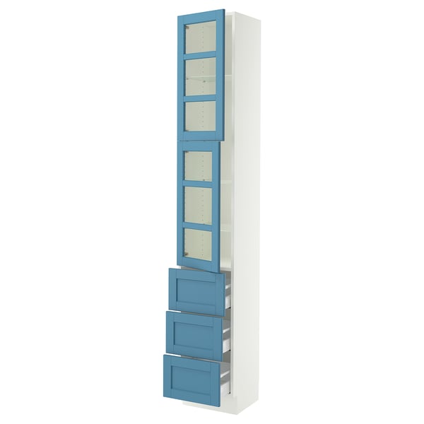 SEKTION / MAXIMERA High cb w 2 glass drs/3 drawers, white/Lerhyttan blue, 15x15x90 "