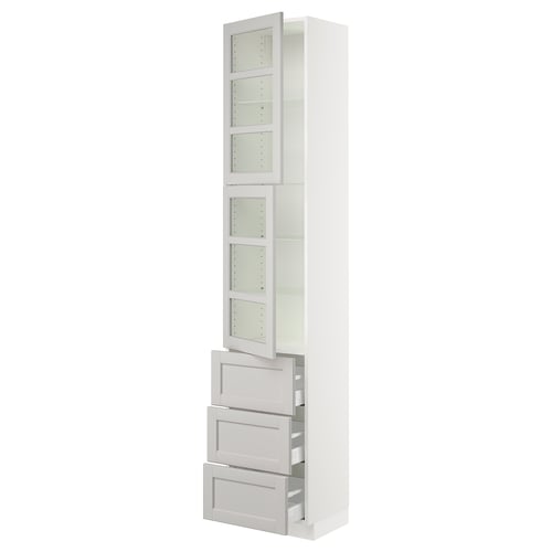 White SEKTION kitchen cabinet with glass doors and drawers, sleek design, sturdy materials.