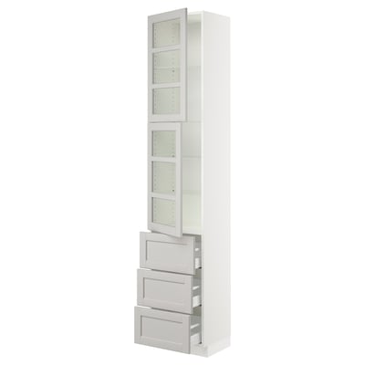 White SEKTION kitchen cabinet with glass doors and drawers, sleek design, sturdy materials.