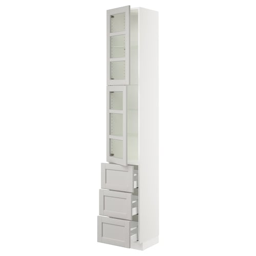White SEKTION kitchen cabinet with six glass doors and three drawers.