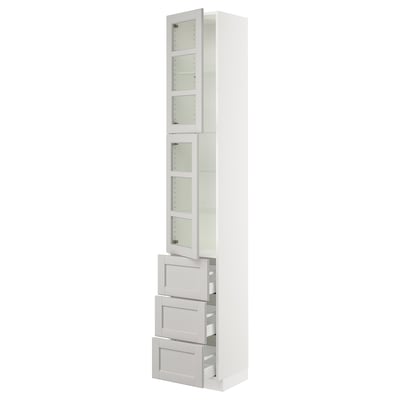 SEKTION / MAXIMERA High cb w 2 glass drs/3 drawers, white/Lerhyttan light gray, 15x15x90 "