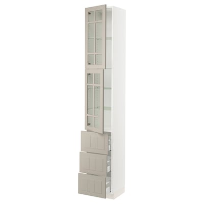 SEKTION / MAXIMERA High cb w 2 glass drs/3 drawers, white/Stensund beige, 15x15x90 "