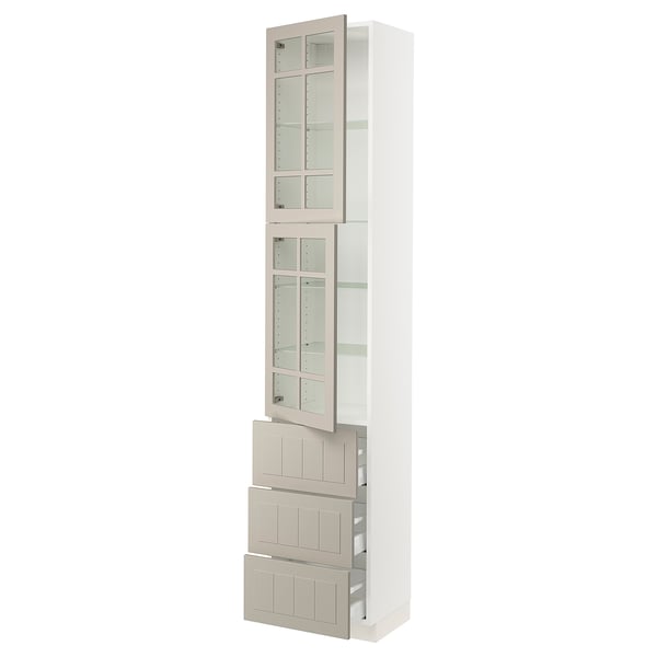 SEKTION / MAXIMERA High cb w 2 glass drs/3 drawers, white/Stensund beige, 18x15x90 "
