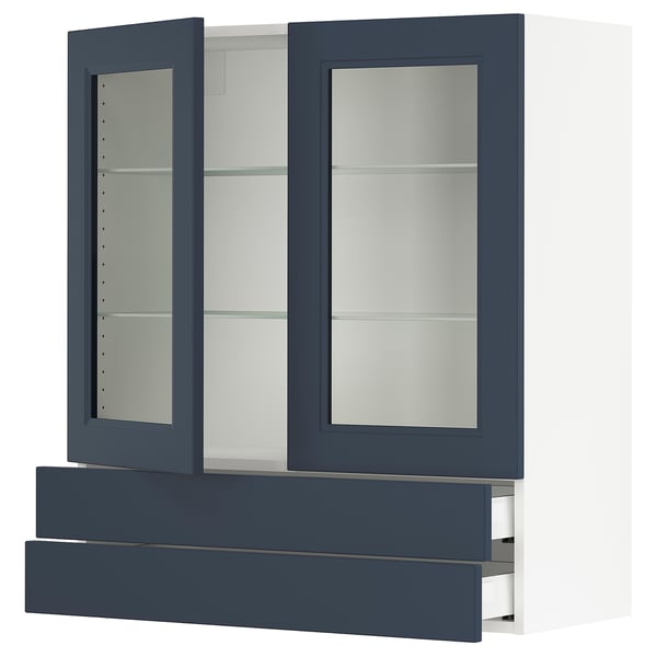 SEKTION / MAXIMERA Wall cab w 2 glass doors/2 drawers, white Axstad/matte blue, 36x15x40 "