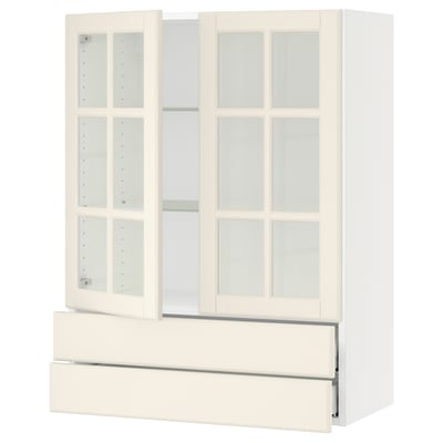 SEKTION / MAXIMERA Wall cab w 2 glass doors/2 drawers, white/Bodbyn off-white, 30x15x40 "