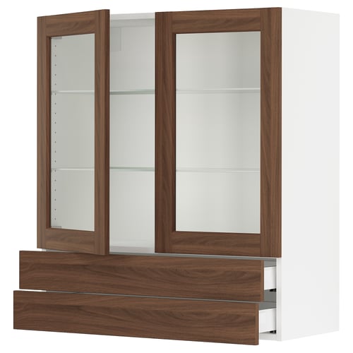 A SEKTION kitchen cabinet with walnut-finished glass doors and drawers. It mirrored doors, wooden trim, and adjustable glass shelves.