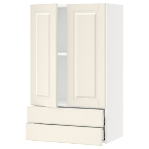 An off-white SEKTION kitchen cabinet with two doors and two drawers, featuring bevelled edges and a traditional design.