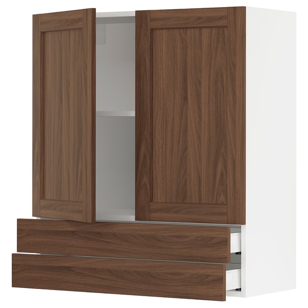 SEKTION / MAXIMERA Wall cabinet w 2 doors/2 drawers, white Enköping/brown walnut effect, 36x15x40 "