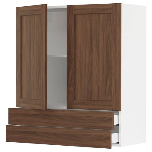 SEKTION kitchen unit with walnut finish, wooden doors, three shelves, white sides.
