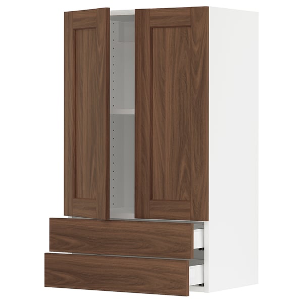 SEKTION / MAXIMERA Wall cabinet w 2 doors/2 drawers, white Enköping/brown walnut effect, 24x15x40 "