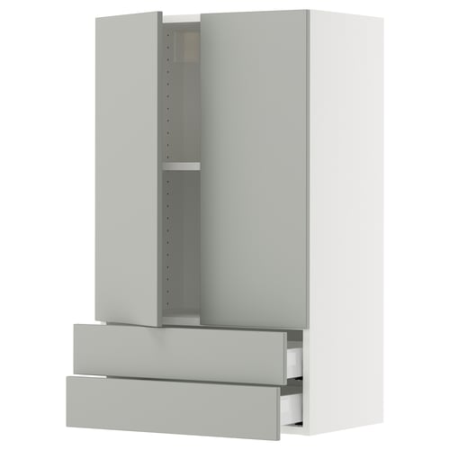 A SEKTION kitchen cabinet in light grey with drawers and shelves. The cabinet is modern and minimalist, with a clean design and metallic handles.
