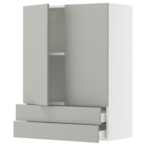 A modern light grey kitchen cabinet with two drawers and a door, featuring a sleek design and sturdy construction.