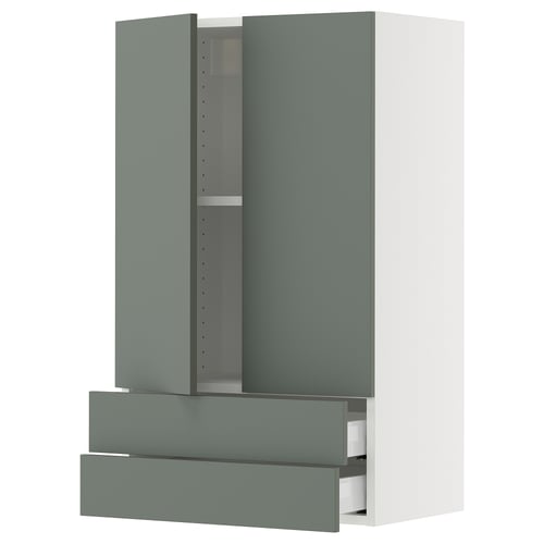 Modern grey-green kitchen cabinet with drawers and adjustable inner shelf.