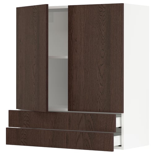 Image depicts a dark brown SEKTION wall cabinet with two open doors, revealing storage shelves.