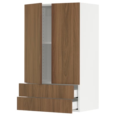 SEKTION / MAXIMERA Wall cabinet w 2 doors/2 drawers, white/Tistorp brown walnut effect, 24x15x40 "