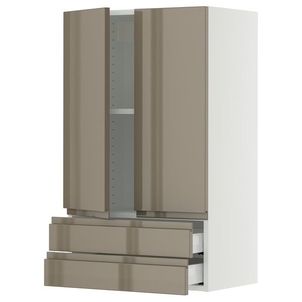 SEKTION / MAXIMERA Wall cabinet w 2 doors/2 drawers, white/Voxtorp high-gloss dark grey-brown, 24x15x40 "