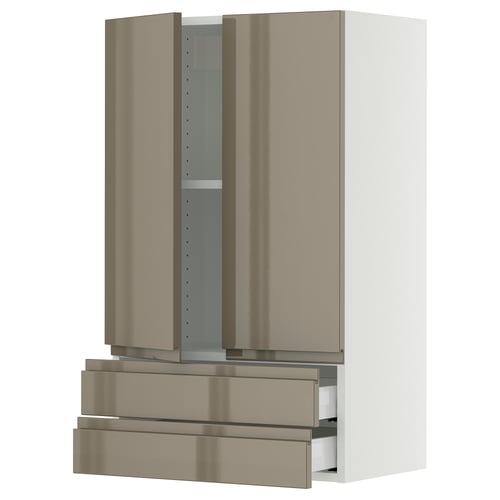 SEKTION kitchen cabinet in high-gloss dark grey-brown with metal handles and drawers.