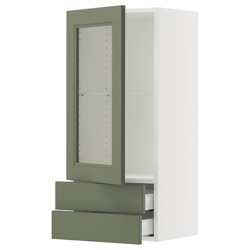 Modern kitchen cabinet: SEKTION, white & green, glass doors, 3 shelves, 2 drawers, adjustable, with dampers.