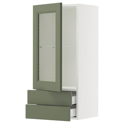 SEKTION / MAXIMERA Wall cabinet w glass door/2 drawers, white/Axstad gray-green, 18x15x40 "