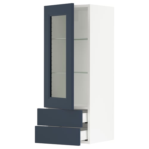 Blue glass-doored kitchen cabinet with drawers, modern design, tall and sleek.