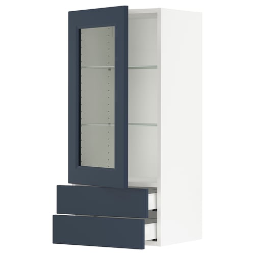 Ikea SEKTION blue glass door cabinet with drawers and shelves.