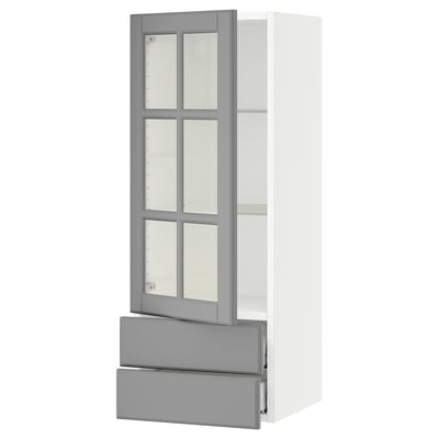 SEKTION / MAXIMERA Wall cabinet w glass door/2 drawers, white/Bodbyn gray, 15x15x40 "