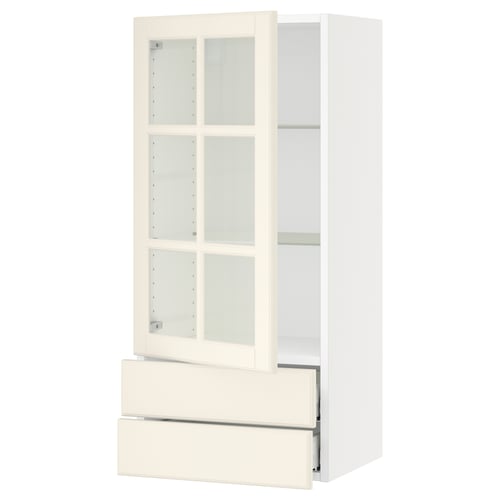 SEKTION off-white kitchen cabinet with glass doors and drawers, modern design.