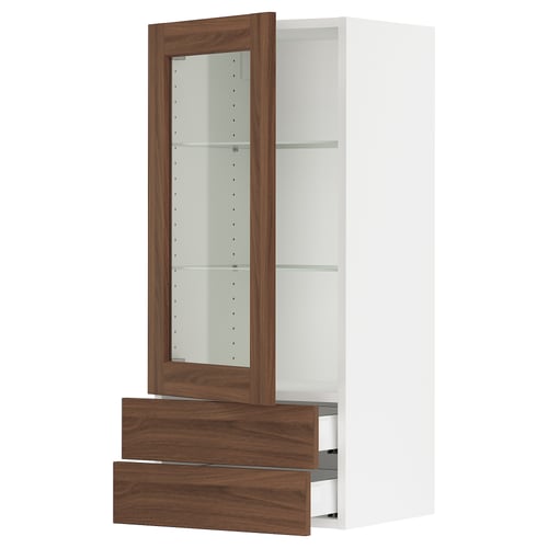 White cabinet with walnut-toned doors, mirrored door, two drawers.