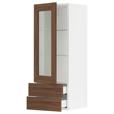 SEKTION / MAXIMERA Wall cabinet w glass door/2 drawers, white Enköping/brown walnut effect, 15x15x40 "