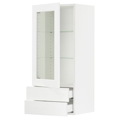 Modern white SEKTION kitchen cabinet with glass doors, adjustable shelves, smooth close.