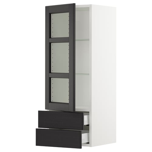 Black & white cabinet with glass doors and drawers, modern design.