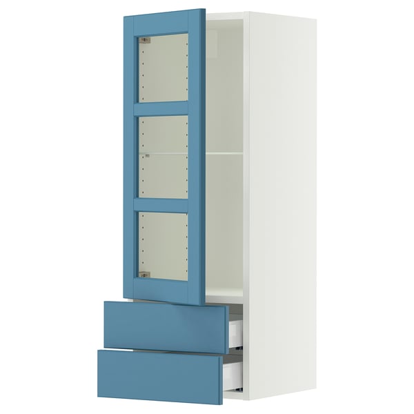 SEKTION / MAXIMERA Wall cabinet w glass door/2 drawers, white/Lerhyttan blue, 15x15x40 "