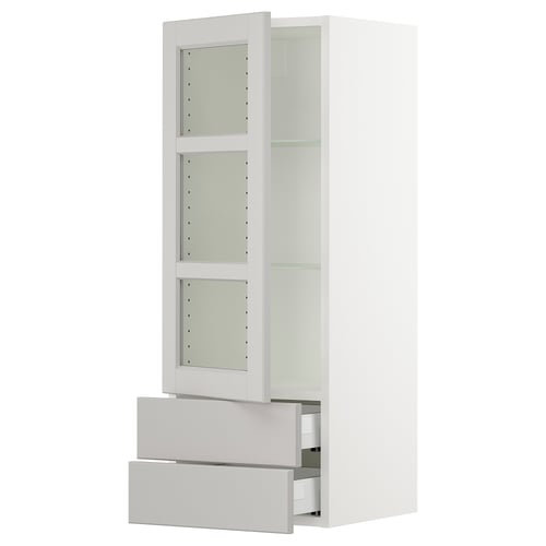 Modern white kitchen cabinet with glass doors and drawers.