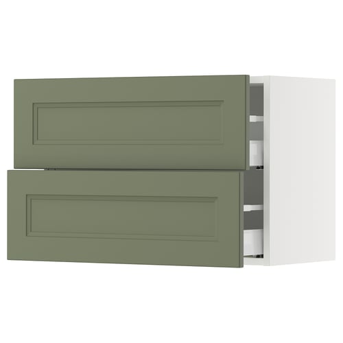 The SEKTION kitchen cabinet set from IKEA, featuring grey-green axstad fronts, with modern drawer design and sturdy construction.
