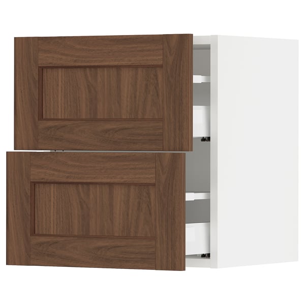 SEKTION / MAXIMERA Wall cabinet with 2 drawers, white Enköping/brown walnut effect, 18x15x20 "