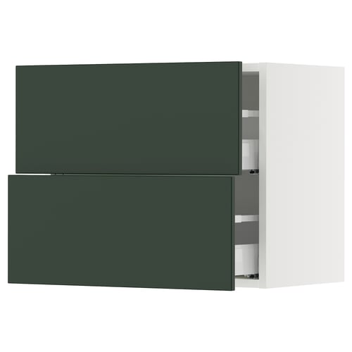 Green SEKTION kitchen cabinets with drawers. The top is a wall cabinet, and the bottom has three drawers.