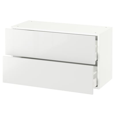 White modern kitchen cabinet with sleek, glossy finish and two drawers.
