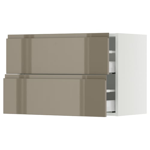 Modern kitchen cabinet: SEKTION. Dark grey-brown glossy finish. Integrated handles. Two open drawers. Rectangular shape.
