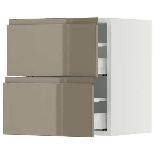 Modern kitchen cabinet in high gloss dark grey-brown with sleek handles and silver runners.