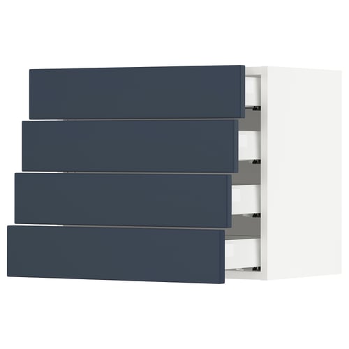 SEKTION kitchen cabinet with blue drawers, four dark blue rectangular drawers, white cabinet, smooth finish.