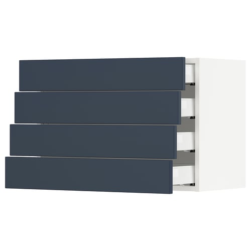 Ikea SEKTION kitchen drawers, blue, sleek, modern design, four visible with one open.