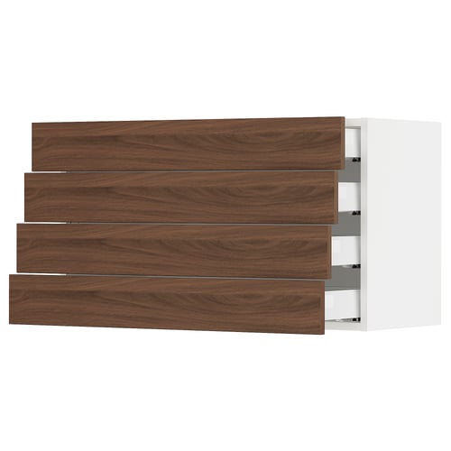 SEKTION kitchen drawers in walnut, three wooden pullouts, white sides, smooth finish.
