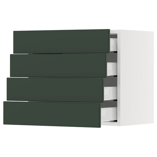 A modern kitchen cabinet with 4 green drawers. The clean design a sturdy frame and smooth-running drawers.