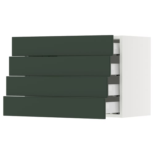 A modern kitchen cabinet system, named SEKTION, featuring four green drawers and a white frame.