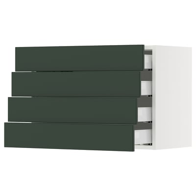 A modern kitchen cabinet system, named SEKTION, featuring four green drawers and a white frame.