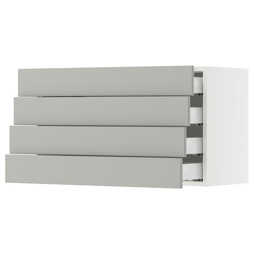 Modern grey kitchen drawers, sleek design, three full-extension drawers.