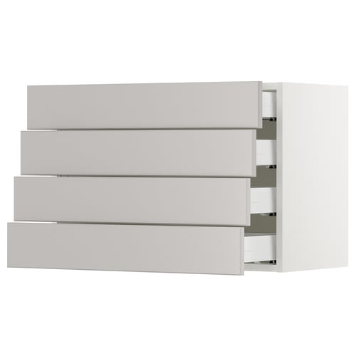White SEKTION kitchen unit with four grey drawers and bevelled edges.